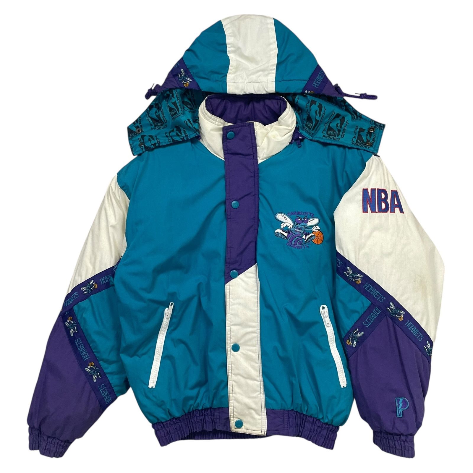 NBA × Pro Player × Vintage 90s CHARLOTTE HORNETS PRO PLAYER PUFFER JACKET HOODIE Size XL / US 12-14 / IT 48-50 - 2 Thumbnail