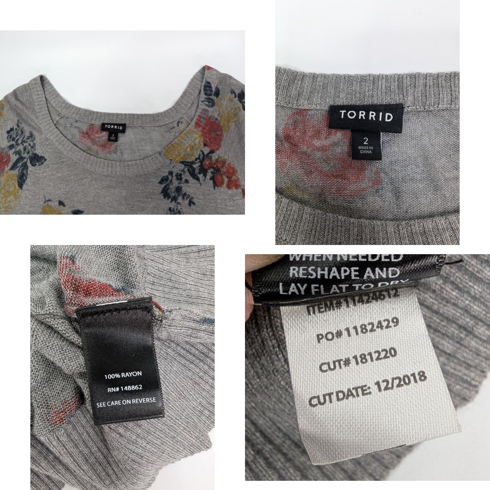 Torrid Torrid Gray Pullover Raglan Sweater Floral Women's 2 Lightweight Top 11424614 Size XXL / US 16-18 / IT 52-54 - 8 Thumbnail