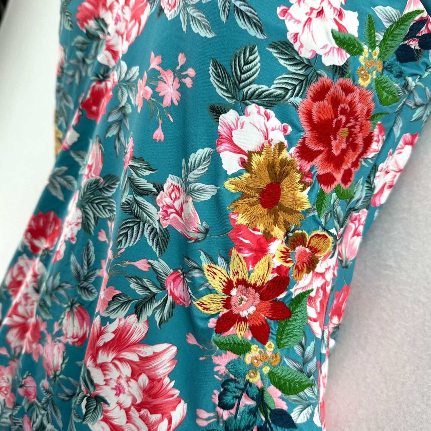 Johnny Was Johnny Was Floral Halter One Piece Swimsuit Embroidered Boho Size 1X Multicolor Blue Pink Built-In Bra Lined Stretch Runs Small Womens Size ONE SIZE - 2 Thumbnail