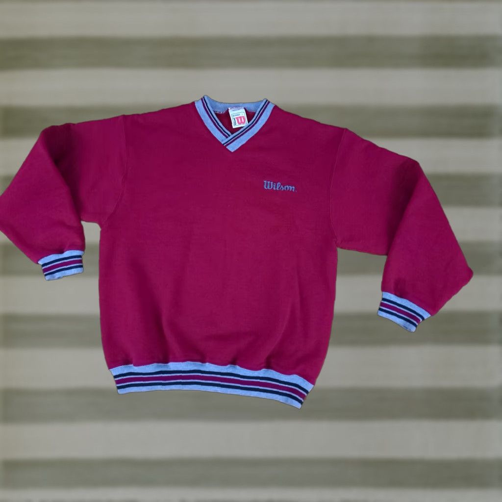 Wilson VINTAGE Wilson Sweatshirt Unisex Adults L Red V-Neck Embroidered Canvas Cotton Blend Pullover Tennis Running Jogging Size US L / EU 52-54 / 3 - 1 Thumbnail