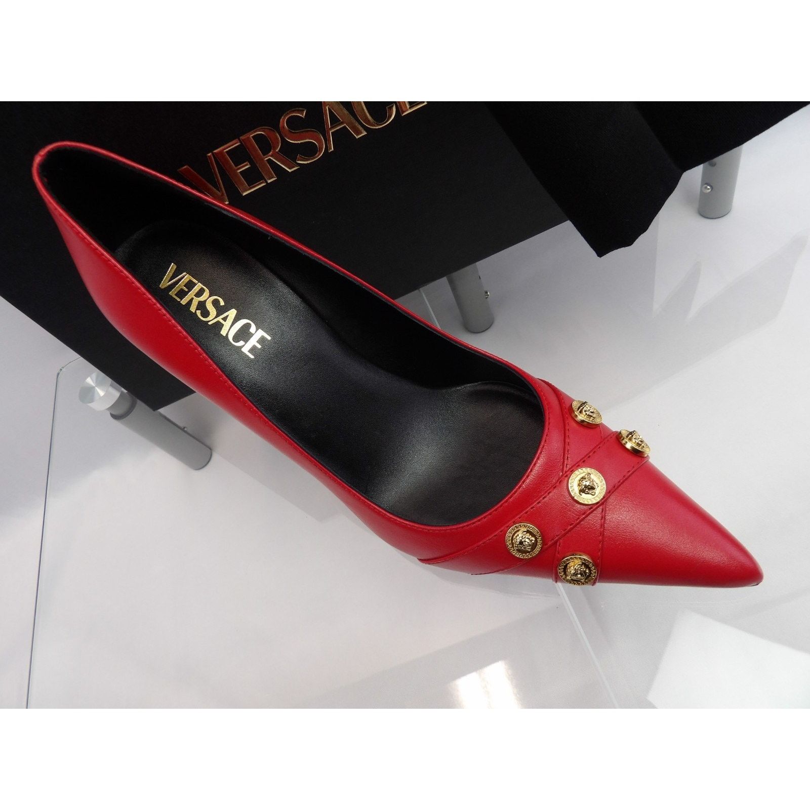 Versace NIB VERSACE RED LEATHER GOLD MEDUSA LOGO STUDS PUMPS 37 Size US 7 / IT 37 - 6 Thumbnail