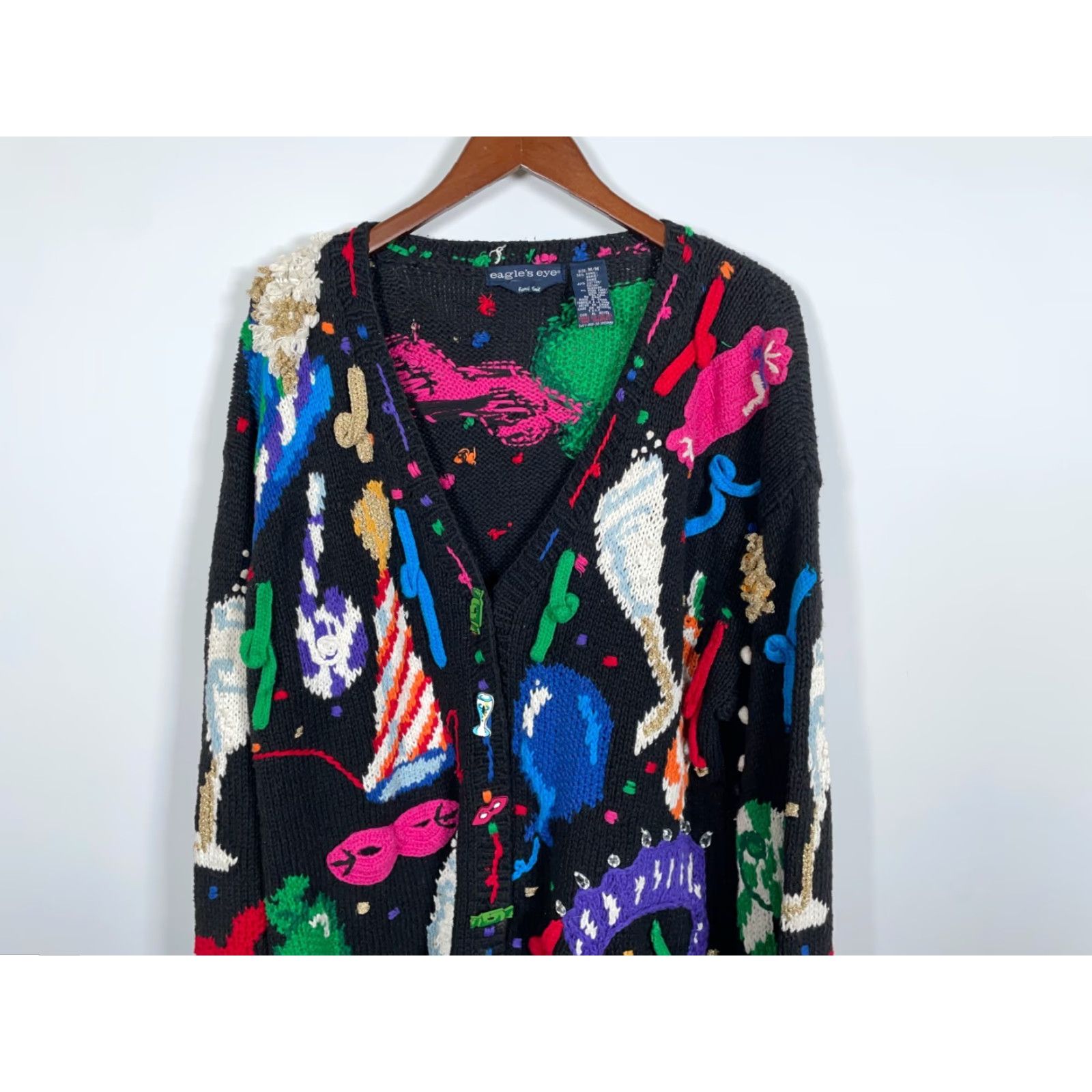 Vintage VINTAGE Eagle's Eye Cardigan Woman's Medium Black Hand Knit Crew Neck 90s Holiday Beaded Embroidered Sweater Girls/Womens? Size M / US 6-8 / IT 42-44 - 4 Thumbnail