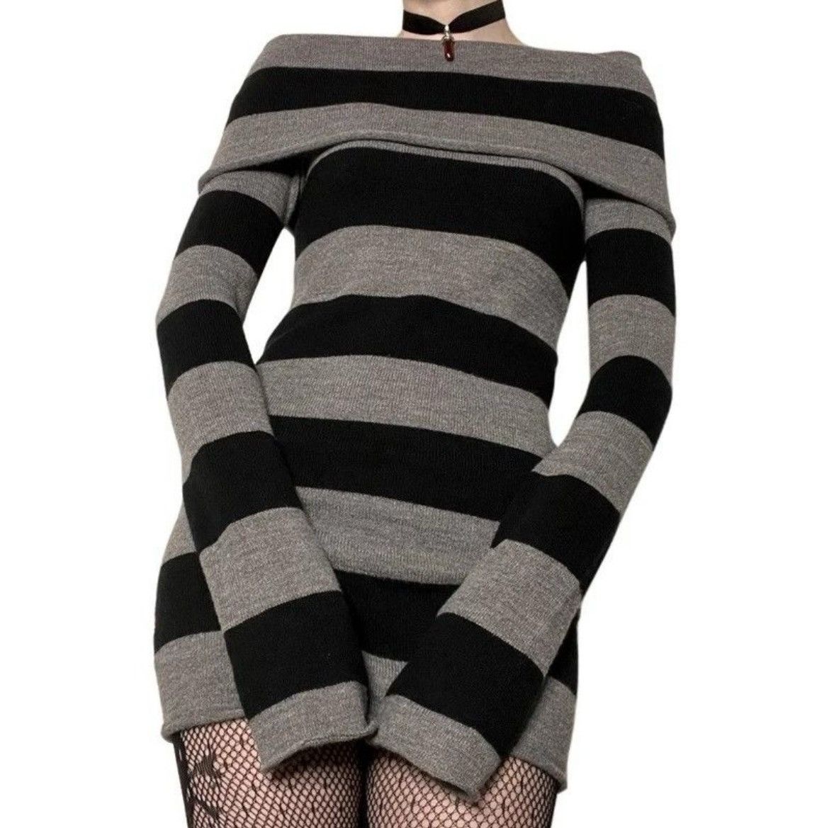 Japanese Brand × Vintage Y2K Striped New Sweater Mini Dress Goth Grunge Slim Fit Size L / US 10 / IT 46 - 2 Thumbnail