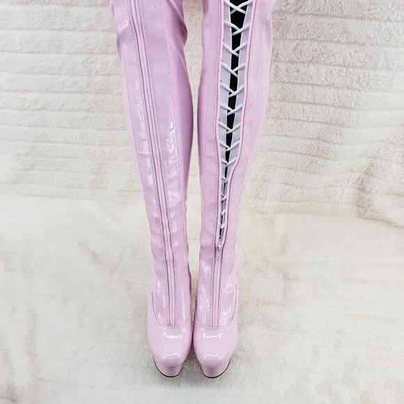 Other Baby Pink White Patent Platform Thigh High Heel Front Zipper Size US 12 / IT 42 - 2 Thumbnail