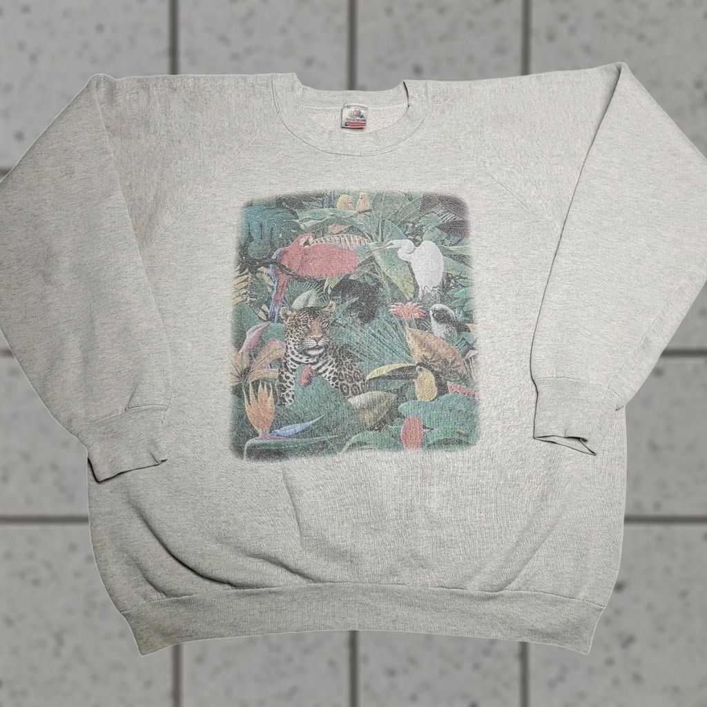 Fruit Of The Loom VINTAGE Fruit Of The Loom Crewneck Sweatshirt Womens XL Jungle Graphic Fade Sweatshirt Women XL Gray Long Sleeve Pullover Casual 90s Safari Mens? Size XL / US 12-14 / IT 48-50 - 1 Thumbnail
