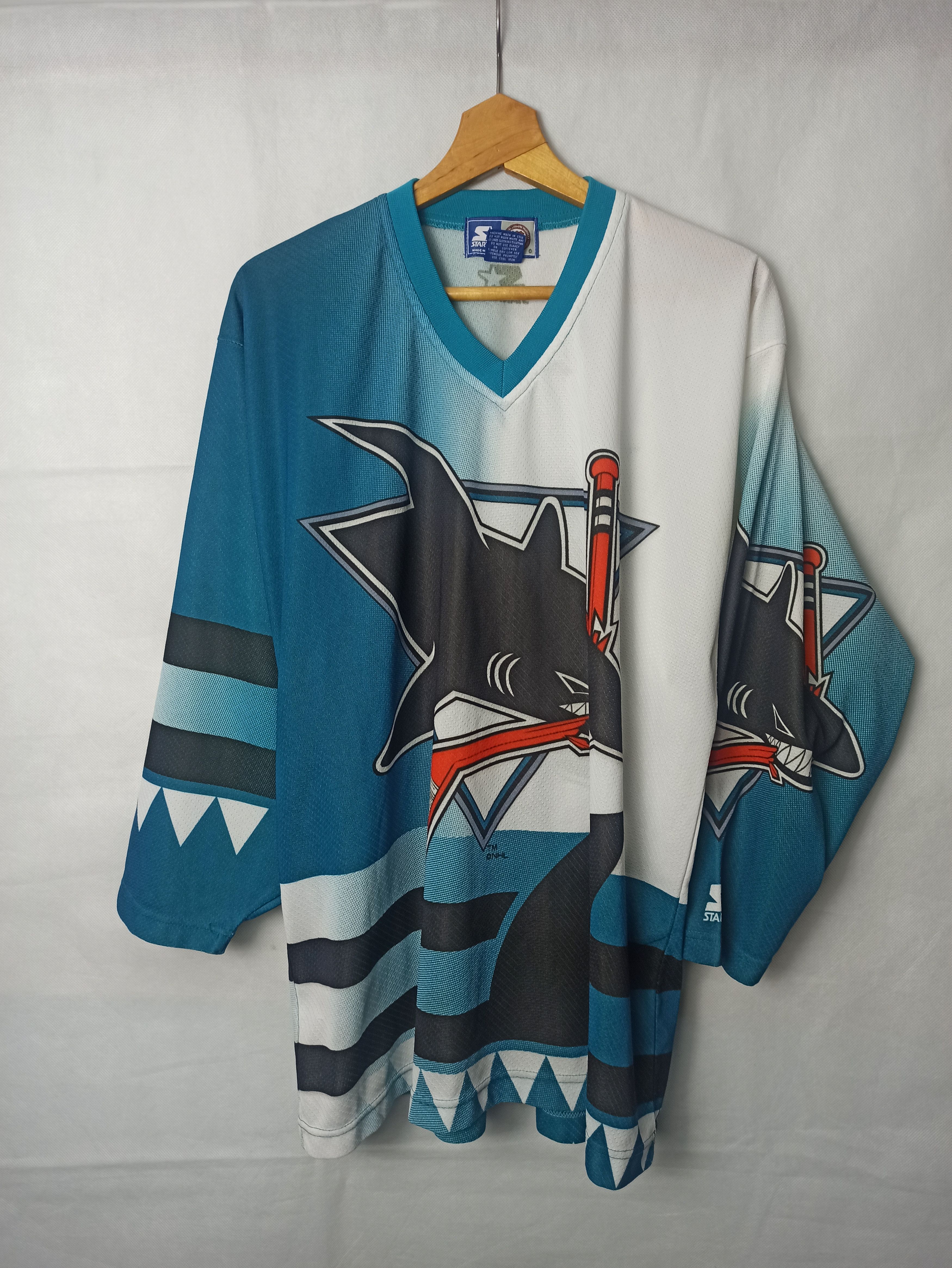 Image of Nhl San Jose Sharks Aop Jersey Vintage 90's Starter in Blue White, Men's (Size Large)