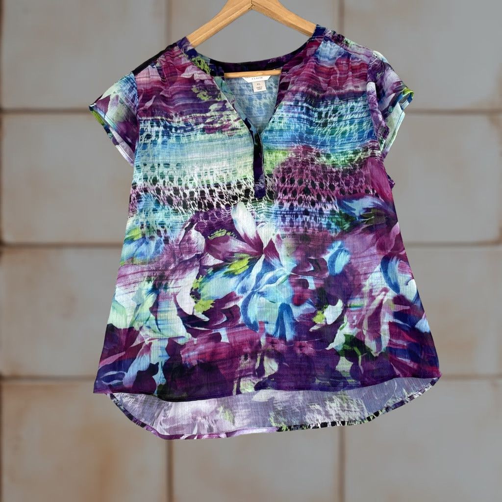 Vintage Christopher & Banks Blouse Womens Large Purple Floral Sheer Cap Sleeve Boho Size L / US 10 / IT 46 - 1 Thumbnail