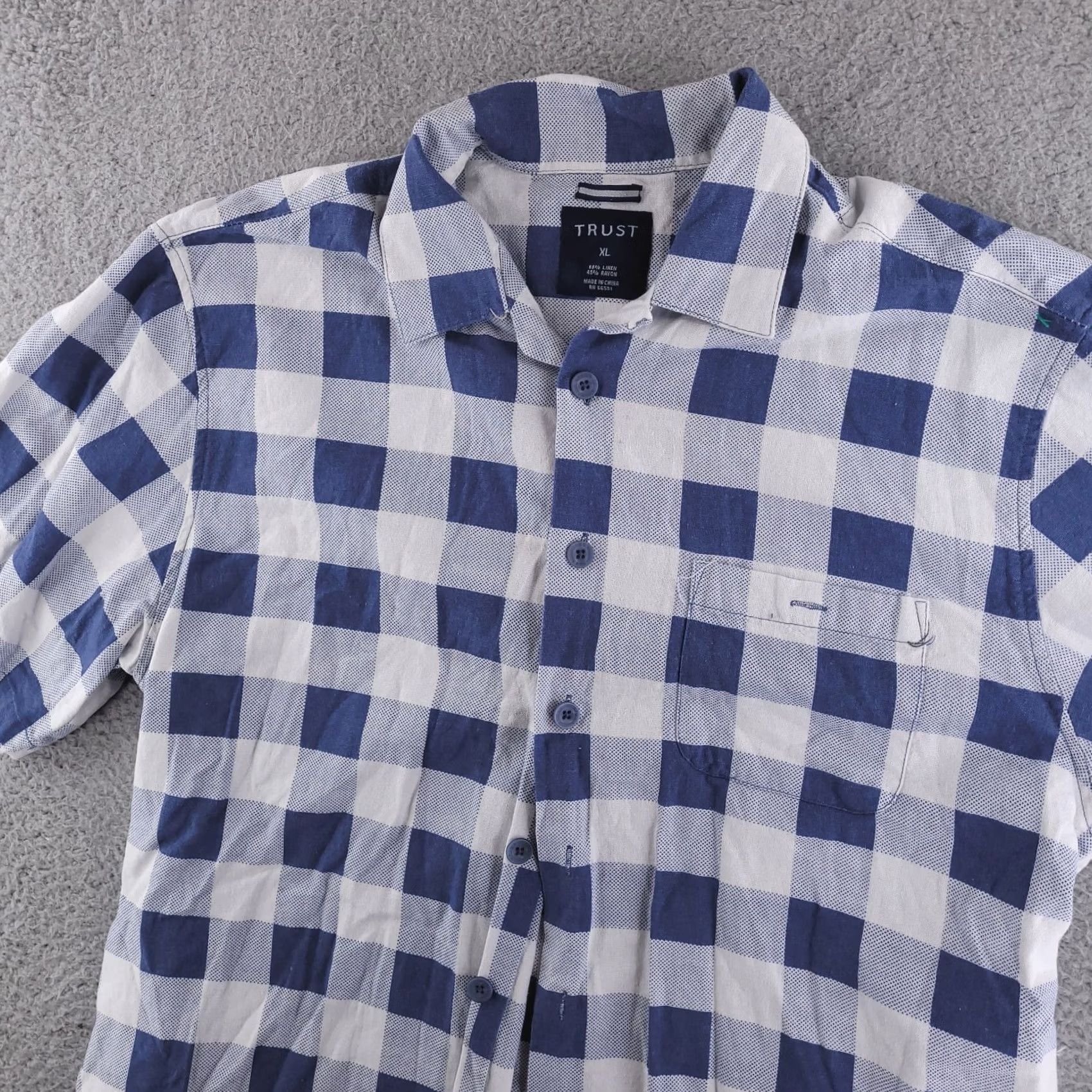 Vintage Trust Shirt XL Blue Linen Short Sleeve Button Windowpane Check Mens Size US XL / EU 56 / 4 - 4 Thumbnail
