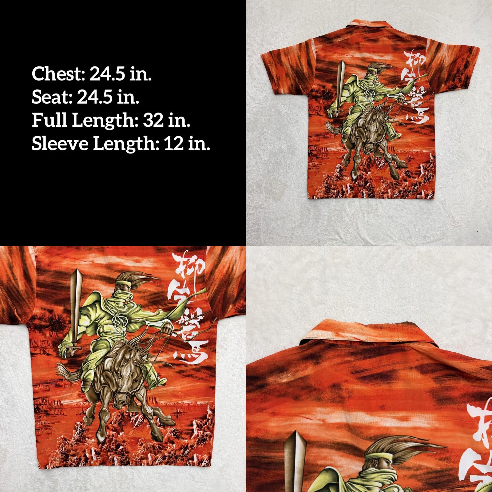 Vintage Trust Samurai Warrior Shirt Mens M Orange Hawaiian Button Up Graphic Print Short Sleeve News Y2K Lounge Casual Mens Size US M / EU 48-50 / 2 - 8 Thumbnail