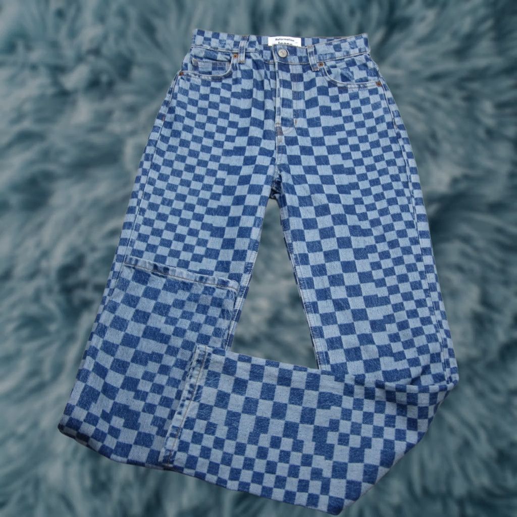 Reformation Reformation Jeans Womens 24 Blue Checkerboard High Rise Straight Denim Size 42" / US 20 - 1 Thumbnail