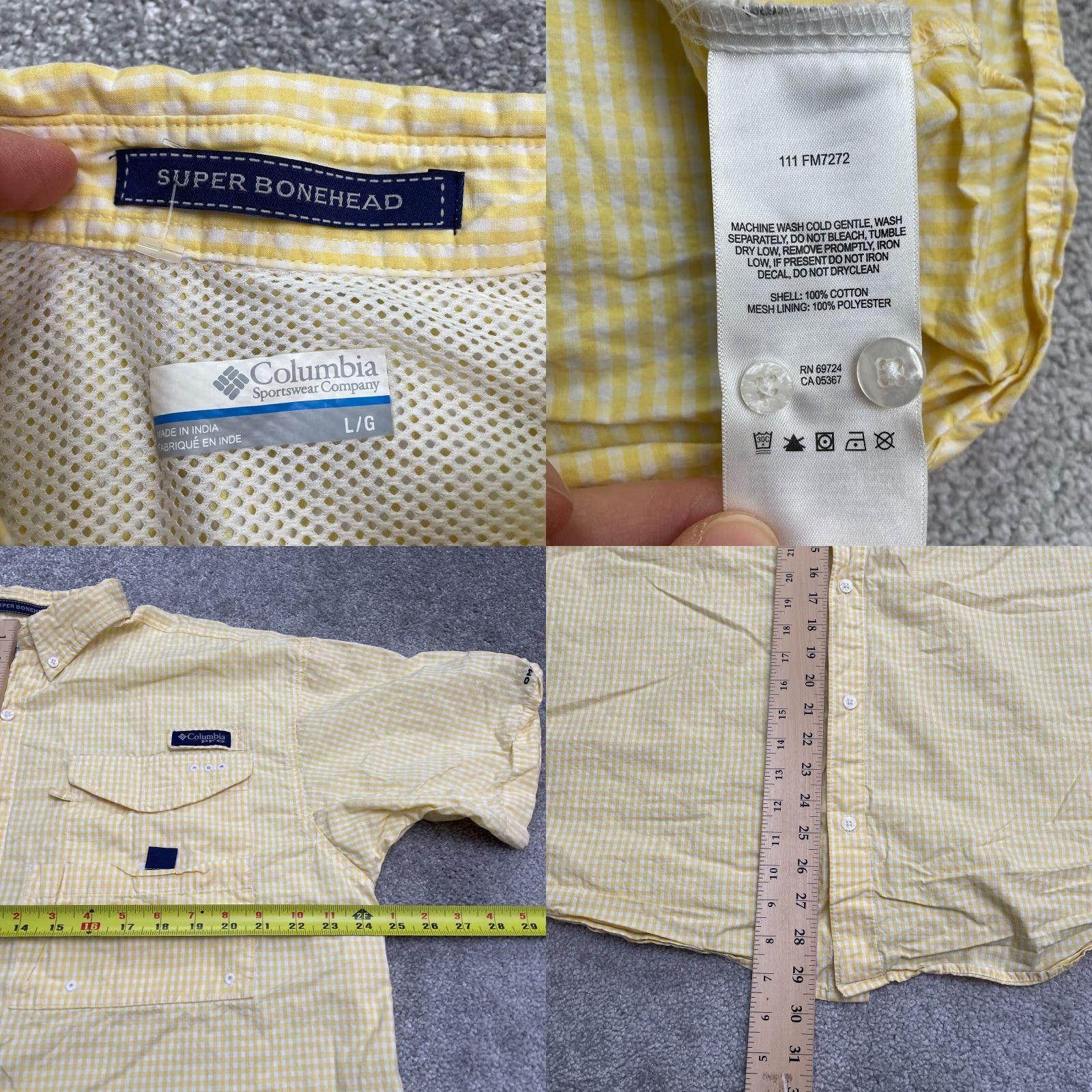 Vintage Columbia Bonehead Shirt Mens Large PFG Omni-Shade Check Yellow White Casual, Travel Size US L / EU 52-54 / 3 - 8 Thumbnail