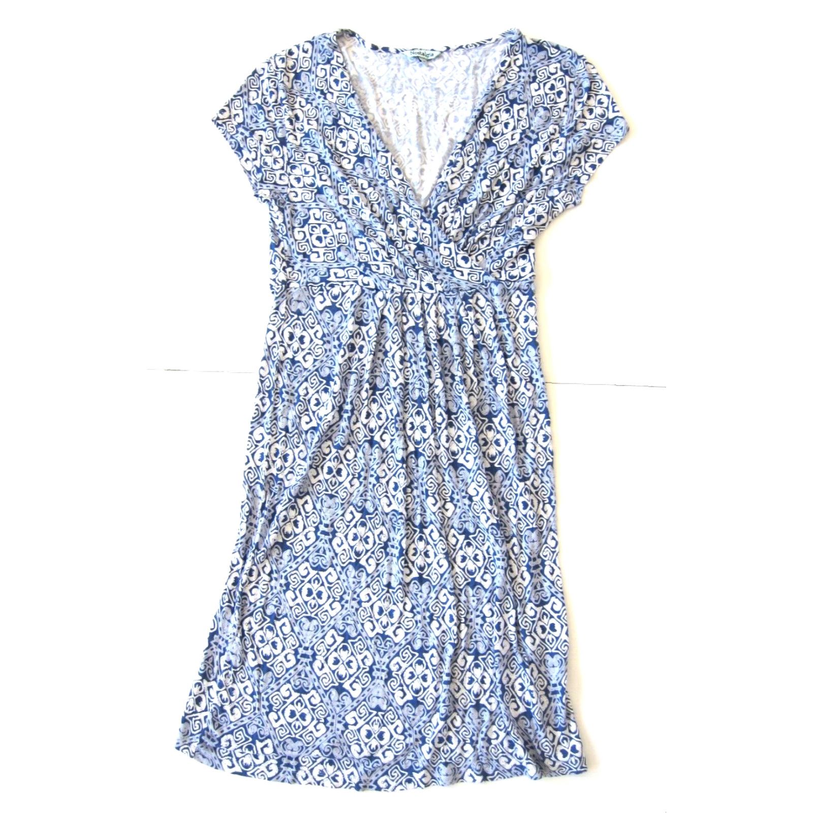 Vintage Nostalgia Blue White Paisley Floral Rayon Stretch Short Sleeve V-Neck Dress M Size 32" / US 10 / IT 46 - 2 Thumbnail