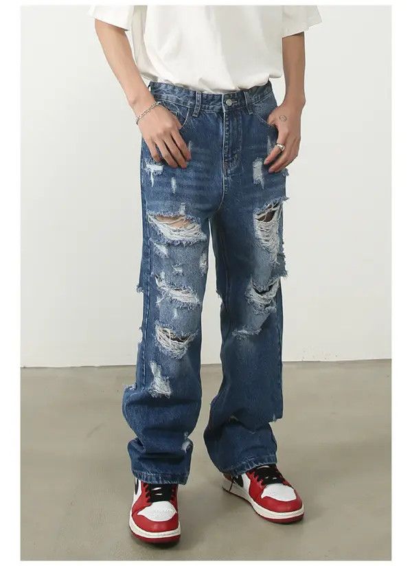 Japanese Brand American street hip-hop loose straight-leg ripped jeans Size US 32 / EU 48 - 3 Thumbnail