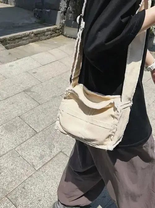 Little Canvas Shoulder Bag Thick Cloth Small Messenger Bag in Beige, Men's