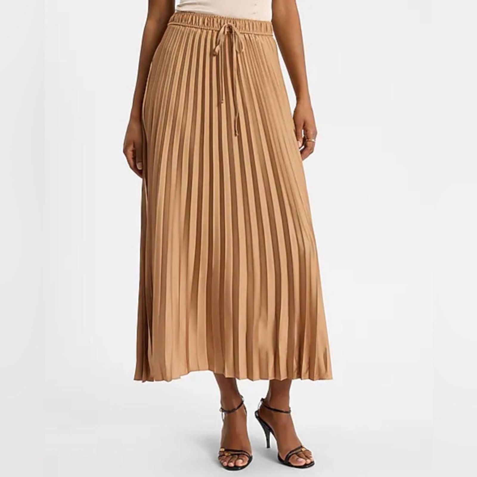 Other New High Waisted Satin Drawstring Tan Pleated Skirt size S Size 27" / US 4 / IT 40 - 1 Thumbnail
