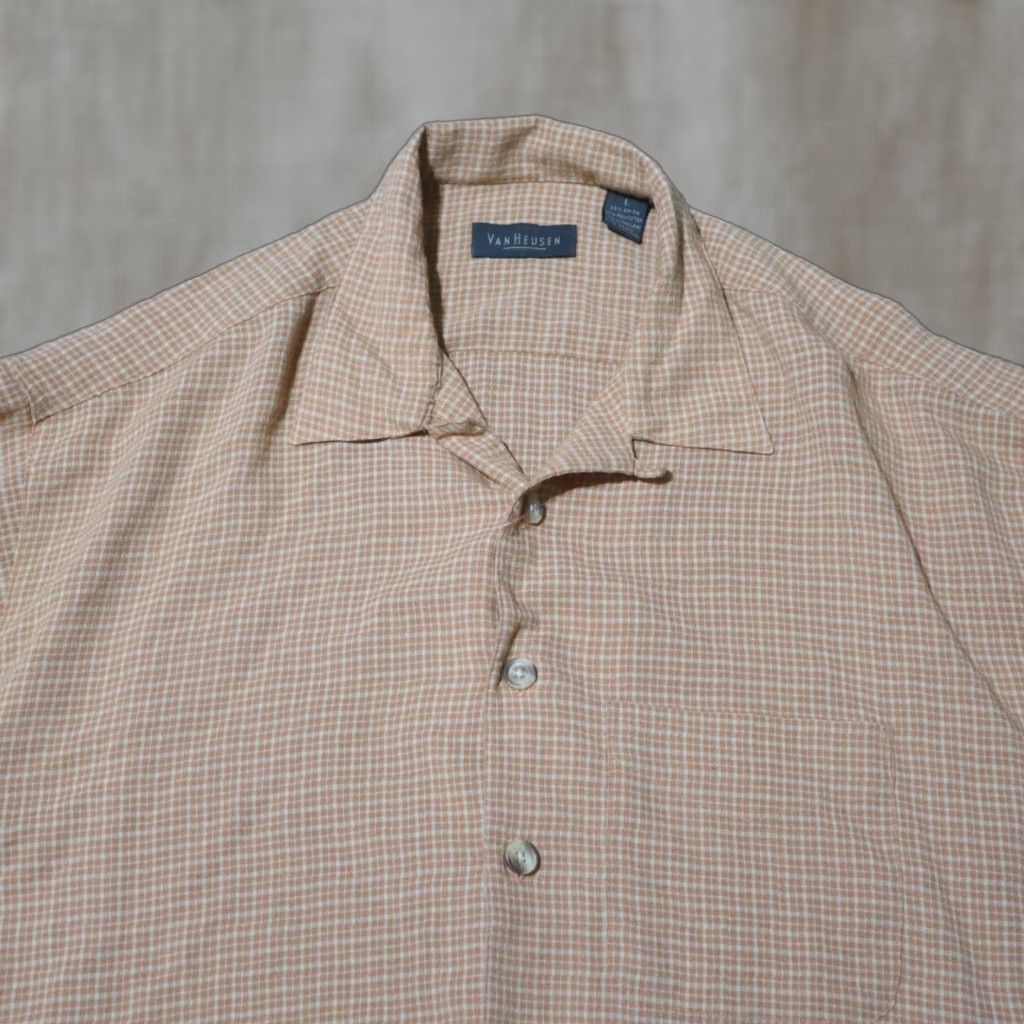 Van Heusen Van Heusen Shirt Short Sleeve Button Up Orange Coral Checked Rayon Men's L Large Size US 33 - 1 Thumbnail