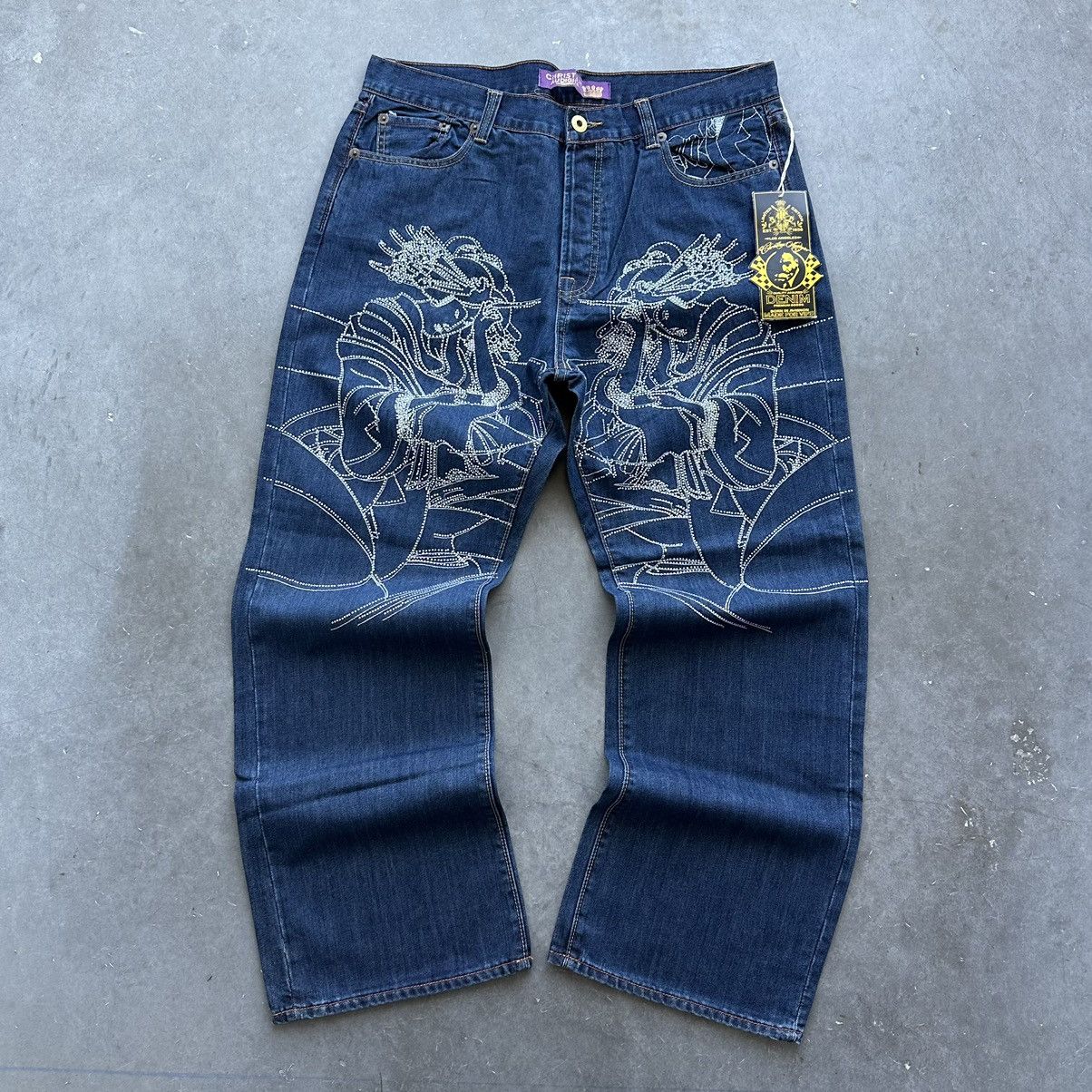 image of Crazy Vintage Y2K Christian Audigier Baggy Jeans Wide Leg in Blue, Men's (Size 38)