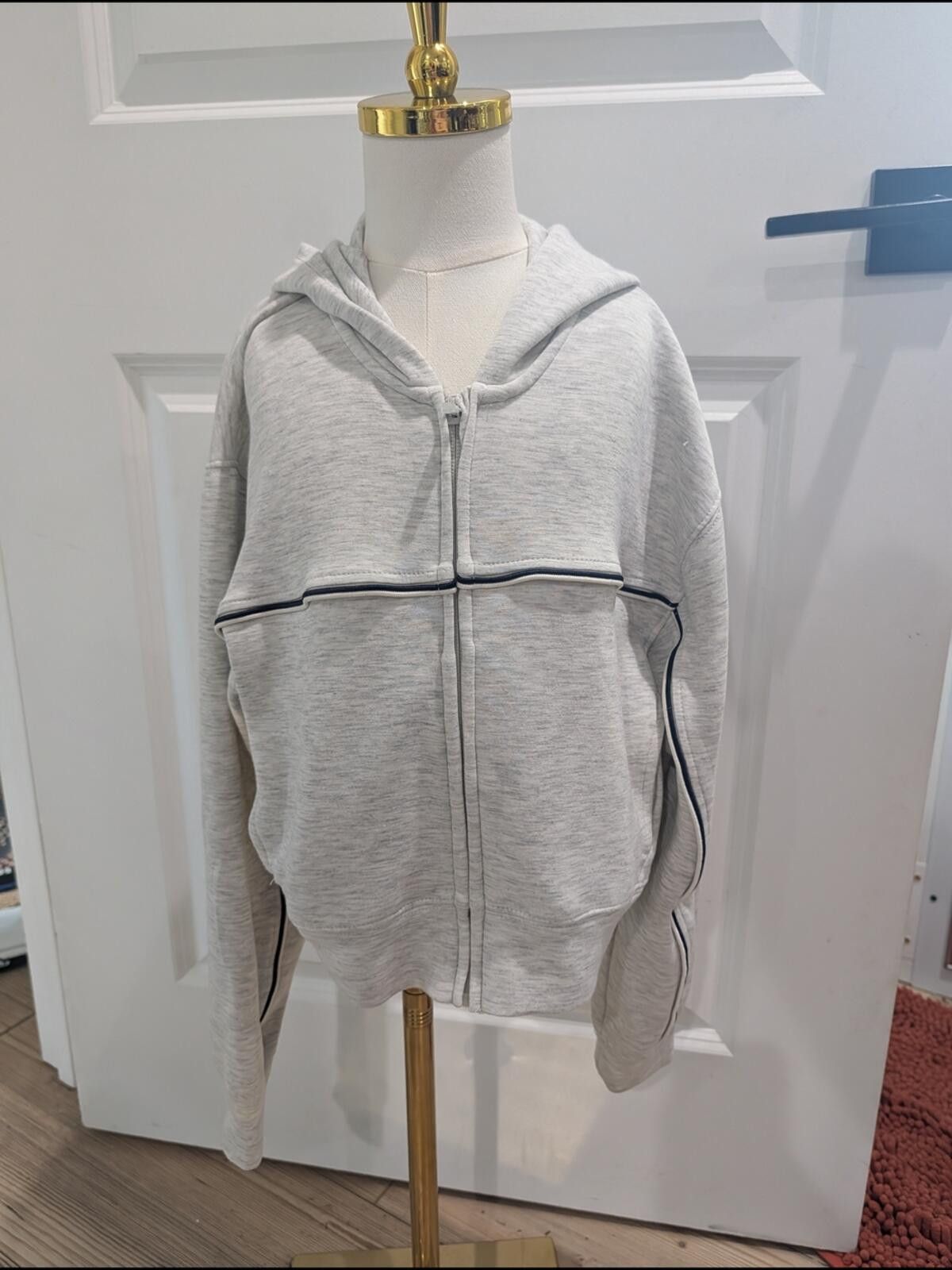 Zara Zara Heather Gray Hooded Zip Jacket with Navy Piping Size US XXS / EU 40 - 2 Thumbnail