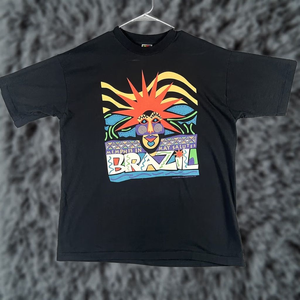 Fruit Of The Loom VINTAGE Memphis In May Brazil Shirt Mens XL 1997 Festival Art Graphic Tee 90s Size US XL / EU 56 / 4 - 1 Thumbnail