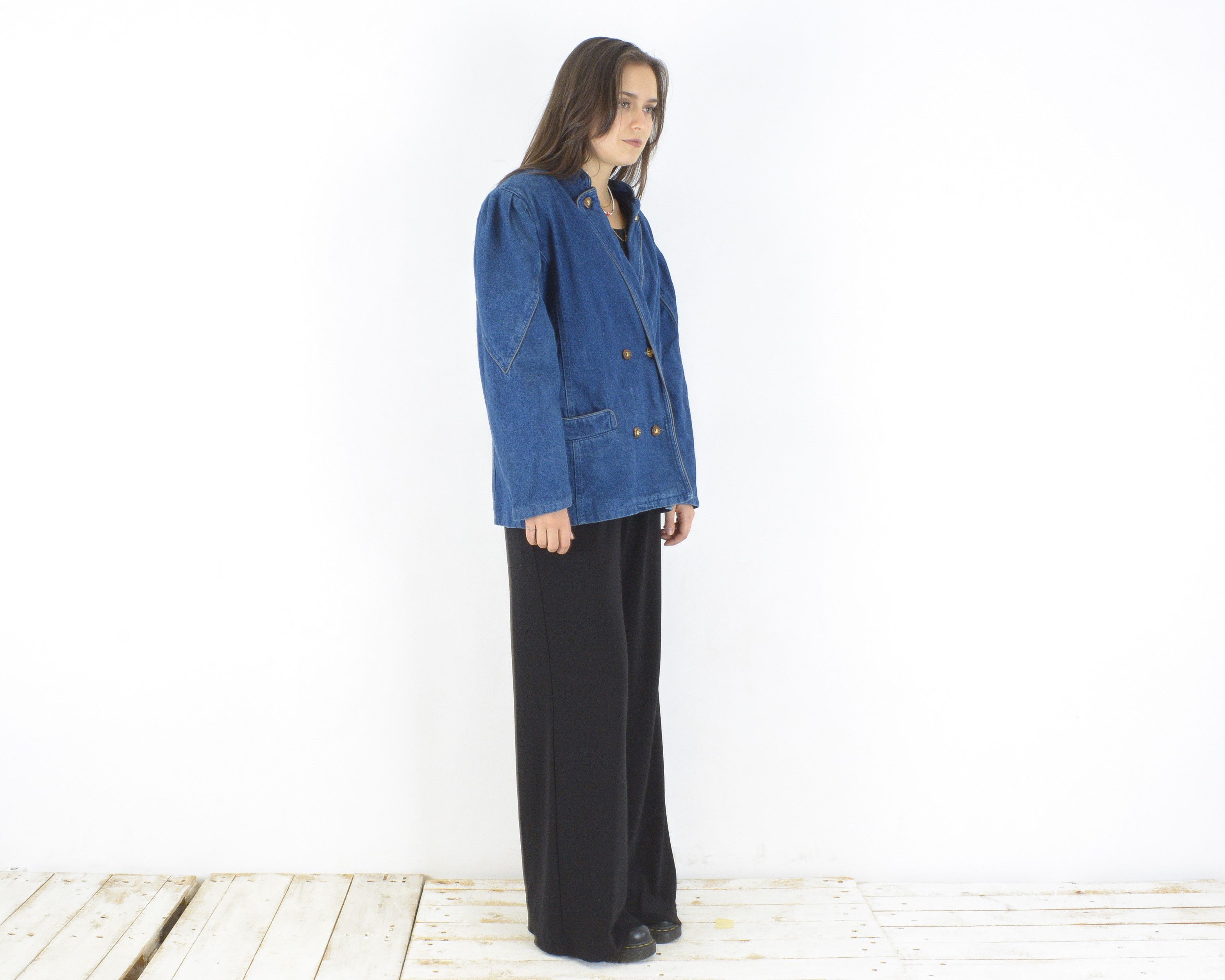 Vintage L Denim Jean Jacket Button Up Blazer Double Breasted Top Size L / US 10 / IT 46 - 3 Thumbnail