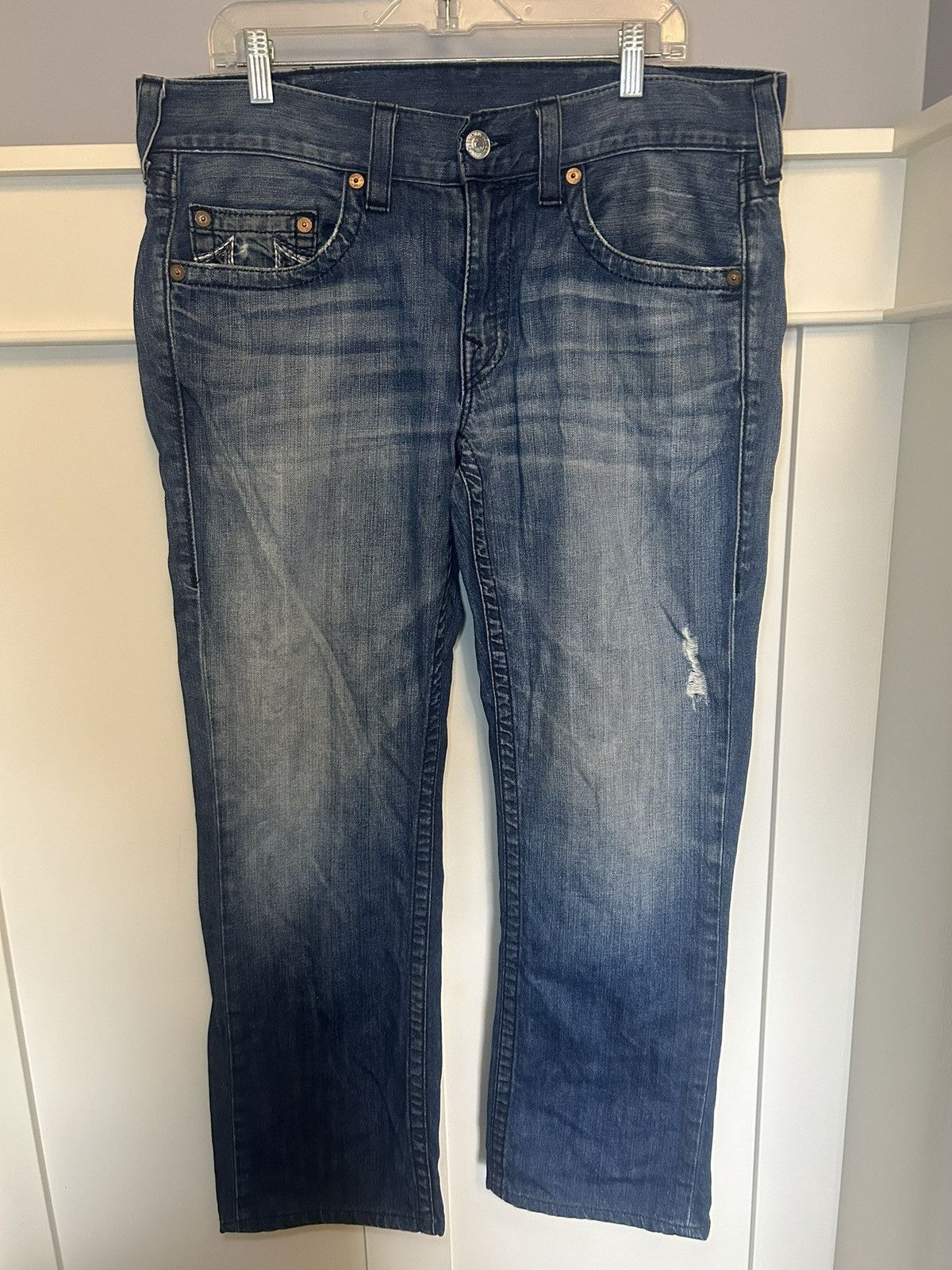 True Religion Vintage True Religion multi stitch logo straight blue jeans Size US 34 / EU 50 - 2 Thumbnail