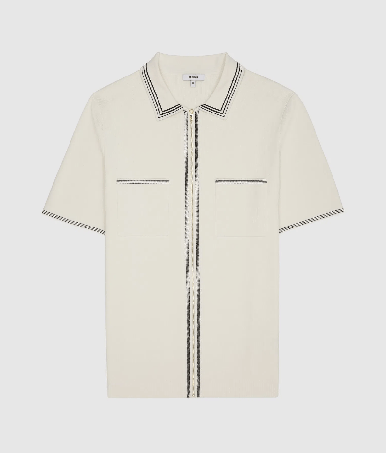 Tripper Ecru Tipped Zip Through Polo