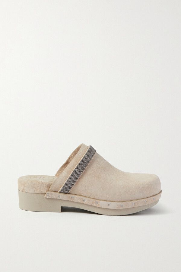 Brunello Cucinelli o1mle0824 Monili Embroidered Suede Clogs in Neutrals Size US 6 / IT 36 - 1 Thumbnail