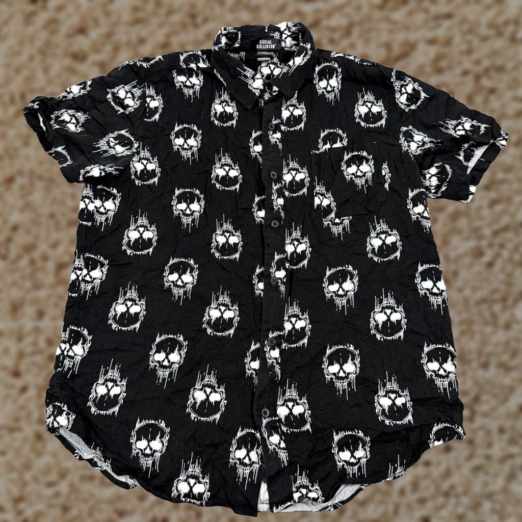 Vintage Social Collision Skull Print Button-Up Short Sleeve Shirt Mens M Black Size US M / EU 48-50 / 2 - 1 Thumbnail