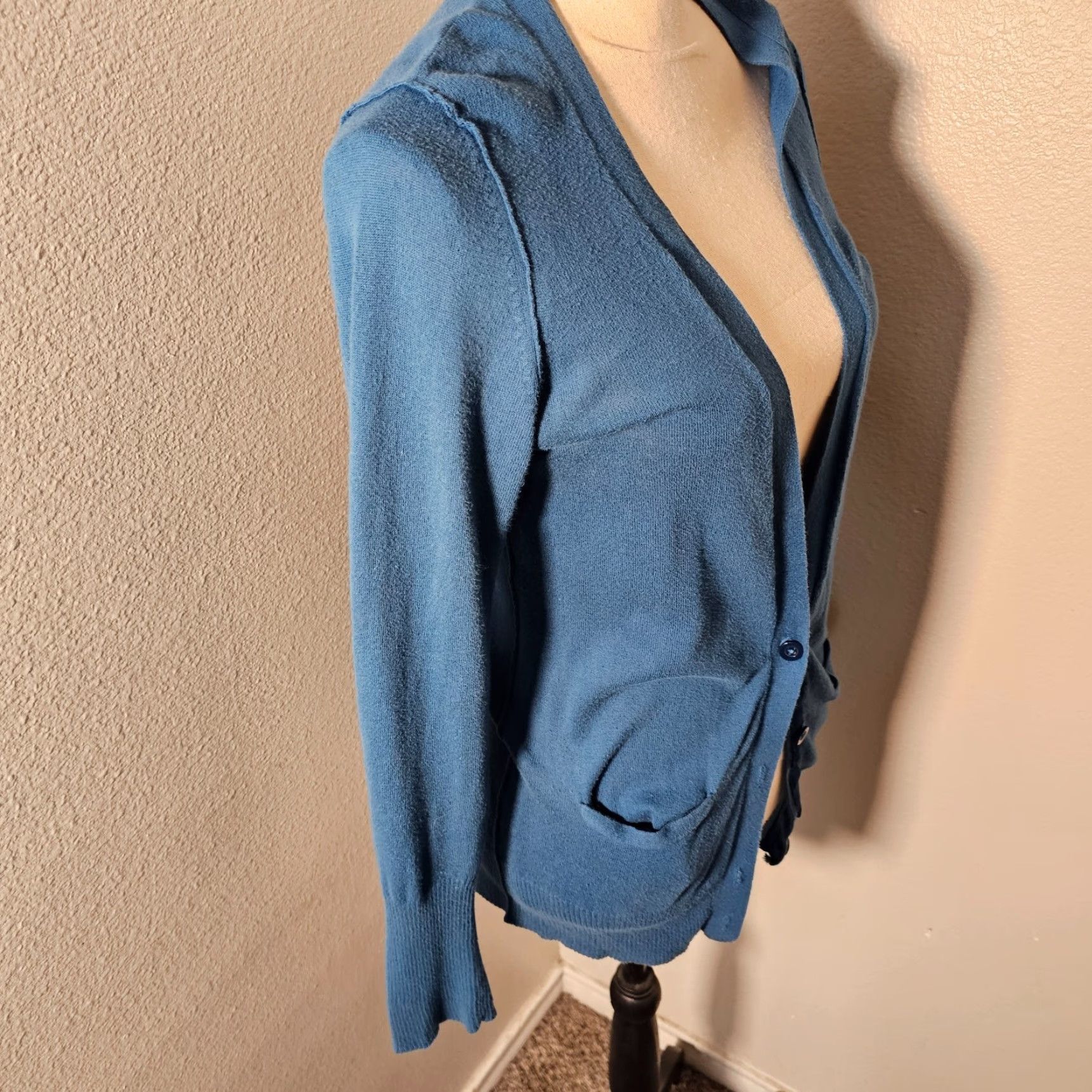 American Eagle Outfitters American Eagle Outfitters Blue Geometric Open-Knit Cardigan Sweater Medium Lightweight Womens Size M / US 6-8 / IT 42-44 - 4 Thumbnail