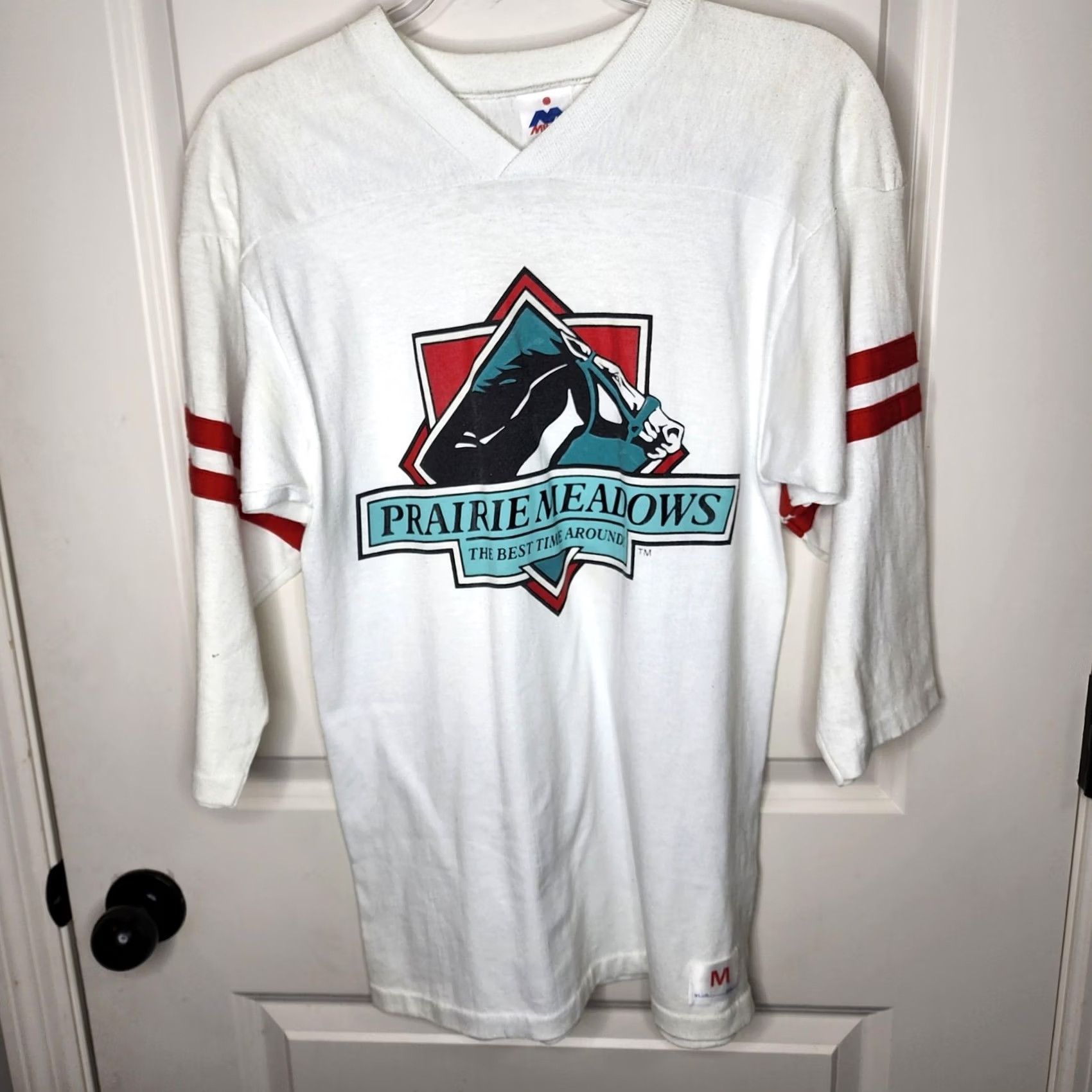 Vintage VINTAGE Miller Prairie Meadows Graphic Shirt Men M 3/4 Sleeve White Teal Red Horse Racing V-Neck Size US M / EU 48-50 / 2 - 2 Thumbnail
