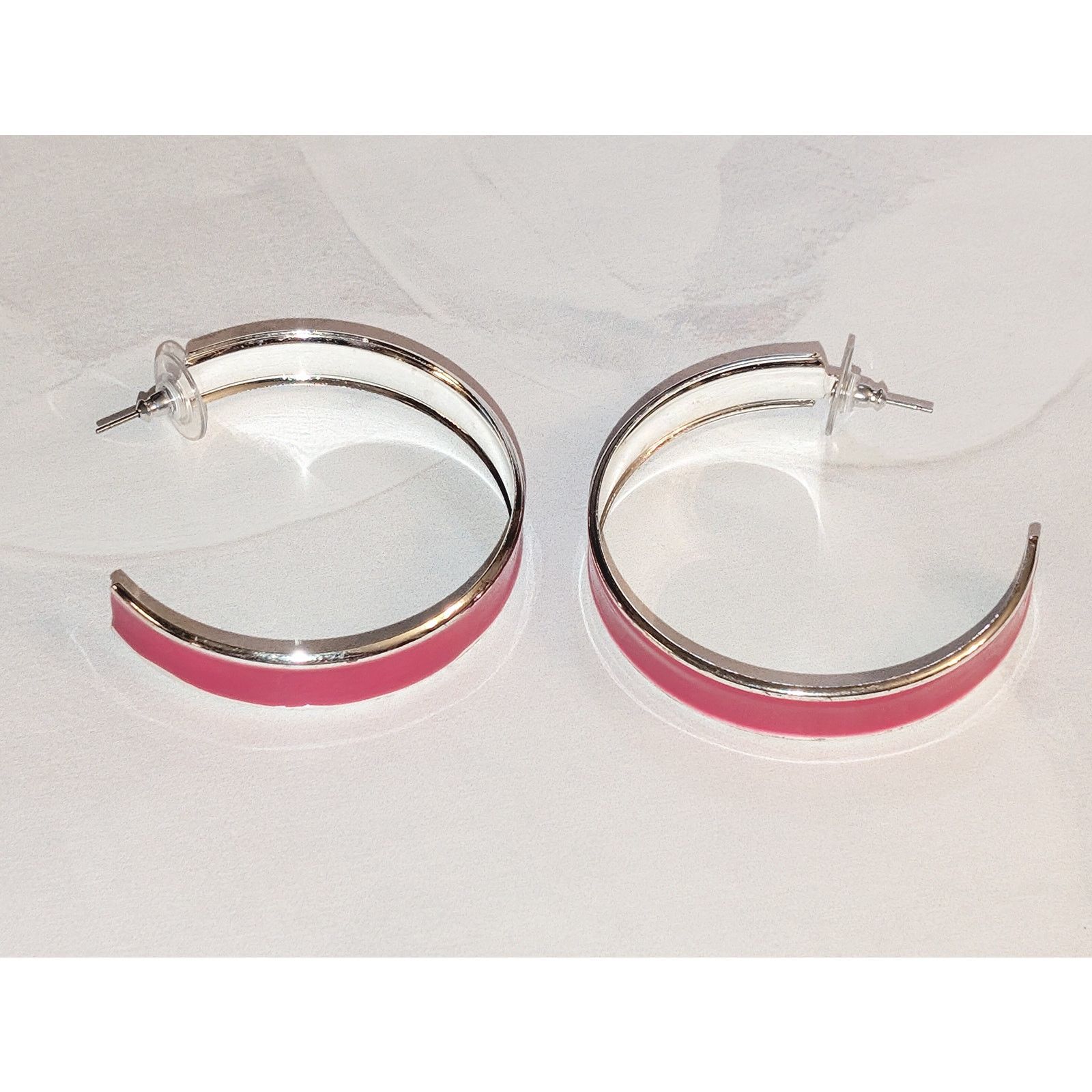 Vintage VTG 1980s Silver-Tone Rosy Pink Enameled Large Hoop Earrings Size ONE SIZE - 3 Thumbnail
