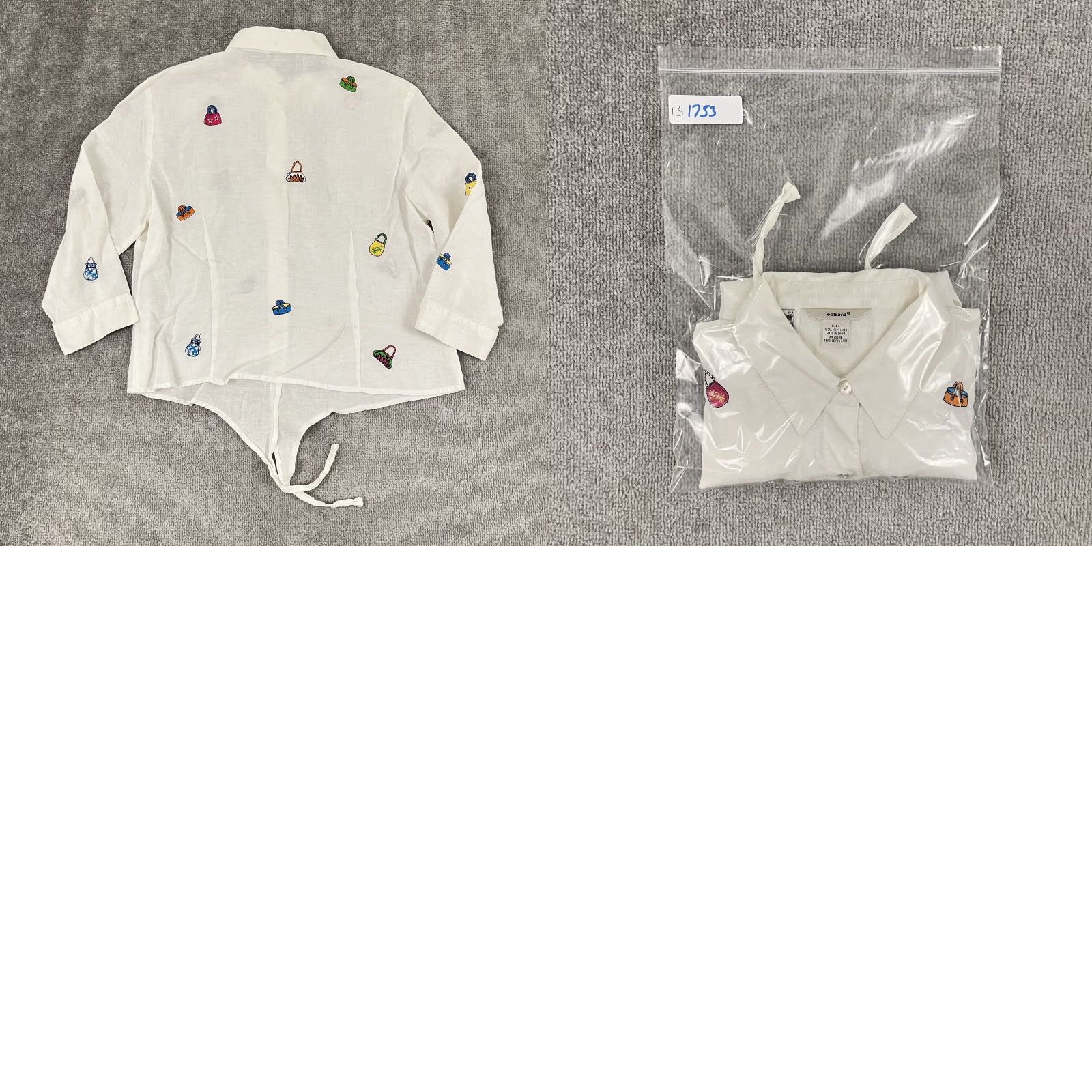 Vintage Edward Shirt Womens Large White 100% Irish Linen Tie Front Embroidered Pursed Bag Casual Shirt Womens L White Embroidered Linen Tie Front Edward Shirt Size L / US 10 / IT 46 - 8 Thumbnail