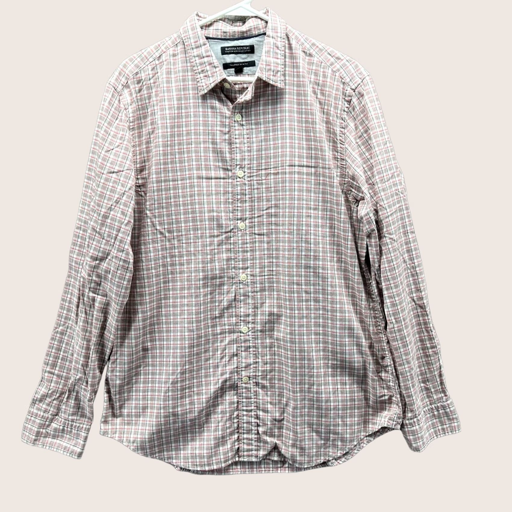 Banana Republic Banana Republic Shirt Mens Large White Red Button-Down Plaid Slim Wash 078 Size US L / EU 52-54 / 3 - 1 Thumbnail