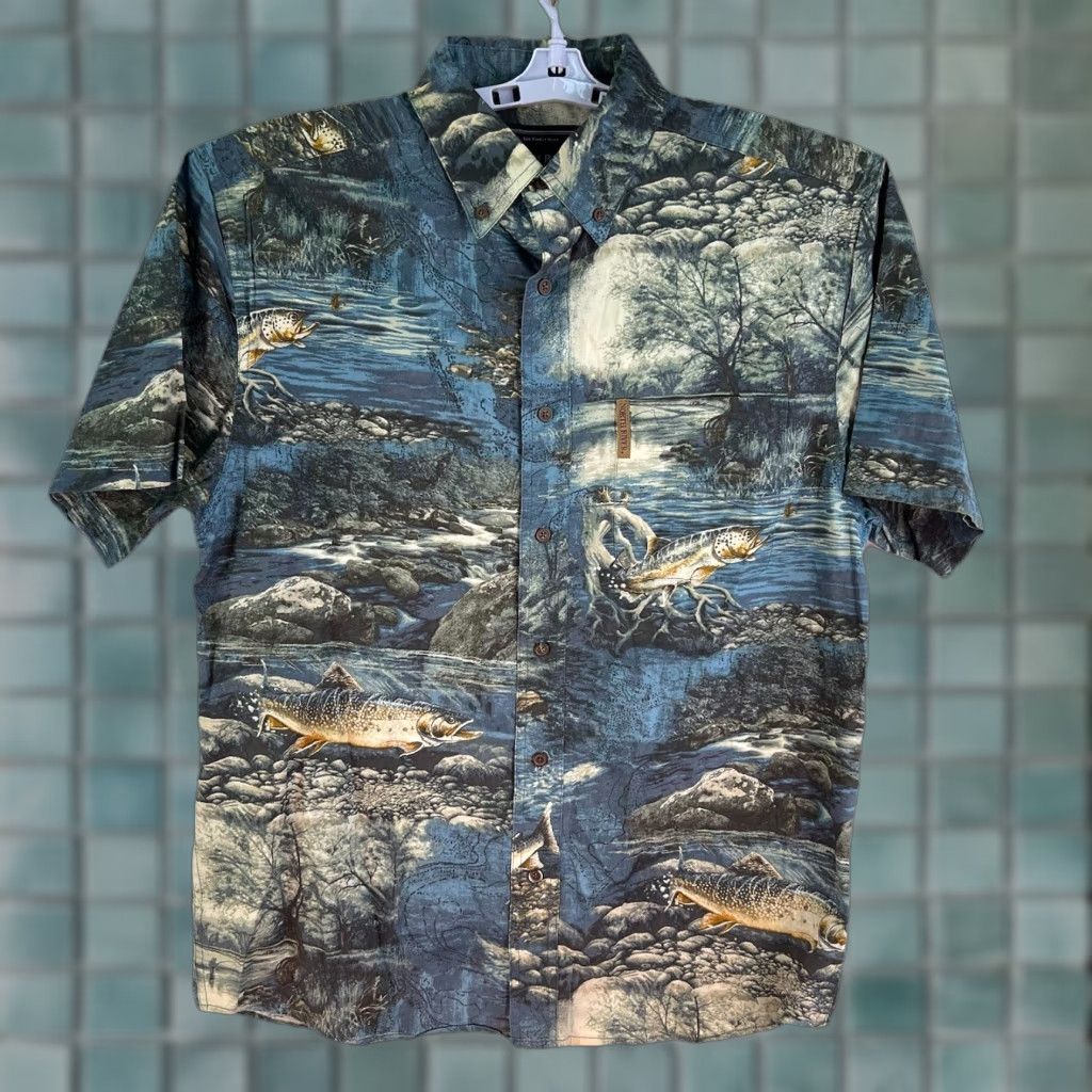 Vintage North River Shirt Men’s M Blue AOP Short Sleeve Graphic Print Fisherman Casual Button-Up 90s Theme Mens Size US M / EU 48-50 / 2 - 1 Thumbnail