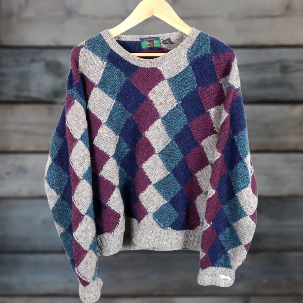 Alexander Julian VINTAGE Alexander Julian Wool Sweater Men’s XL Gray Argyle Hand Knit Donegal Pullover Crew Neck Long Sleeve Casual Heavyweight Preppy - Mens Size US L / EU 52-54 / 3 - 1 Thumbnail