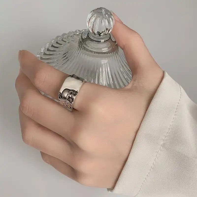 Jewelry 925 Sterling Silver Unique Skull Lines Ring Size ONE SIZE - 2 Thumbnail