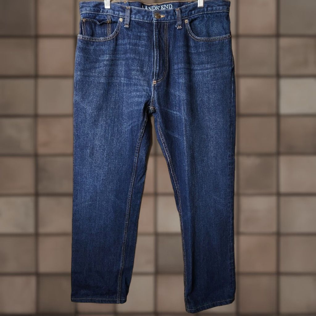 Lands' End Lands' End Jeans Mens Dark Wash Straight Fit 100% Cotton Size 37x30 Regular Inseam 30 Blue Denim Pants Size US 37 - 1 Thumbnail