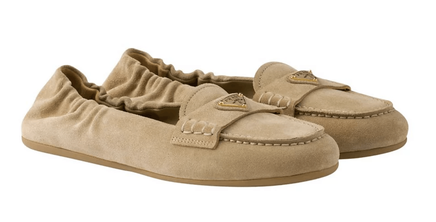 Prada Ecru Beige Suede Logo Scrunch Loafer Moccasin Flat 38
