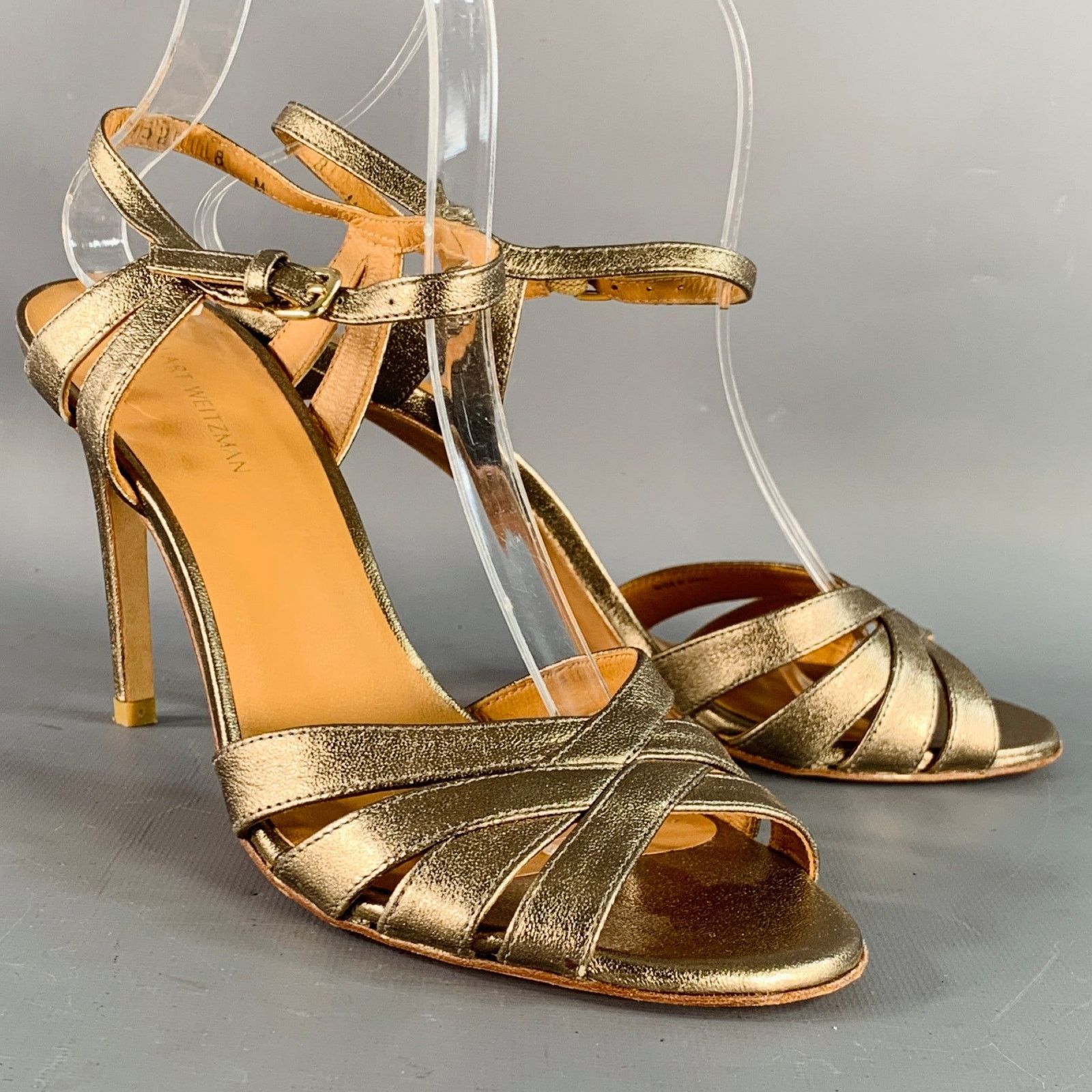 Stuart Weitzman Metallic Gold Leather Strappy Ankle Strap Sandals Size US 8 / IT 38 - 1 Thumbnail