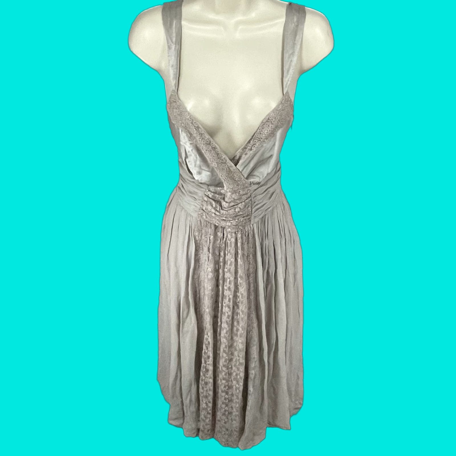 Anthropologie Gray Silk Lace Trim Midi Dress 12 Women A-Line Party Wedding  V-Neck Strappy