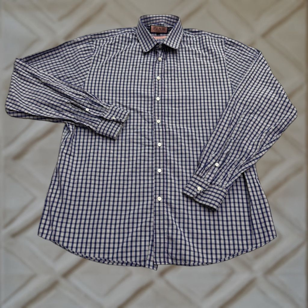 Pinko VINTAGE Thomas Pink Mens Dress Shirt Button-Up Slim Fit Long Sleeve Collared Cotton Plaid Blue Purple Green 44cm Size 44R - 1 Thumbnail