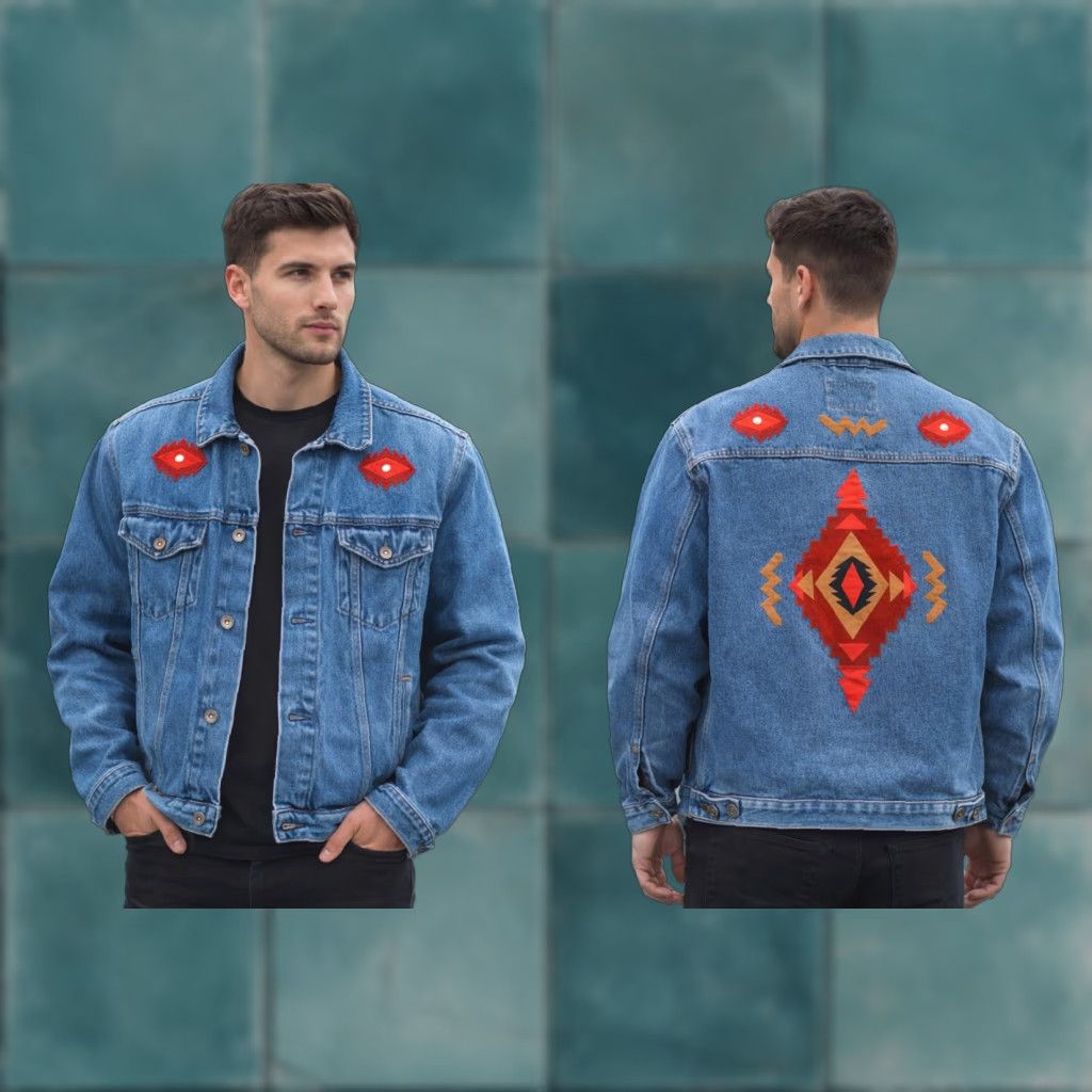 VINTAGE Port Authority Denim Jacket Mens M Blue 90s Southwestern Aztec Sacred Mountain Studio