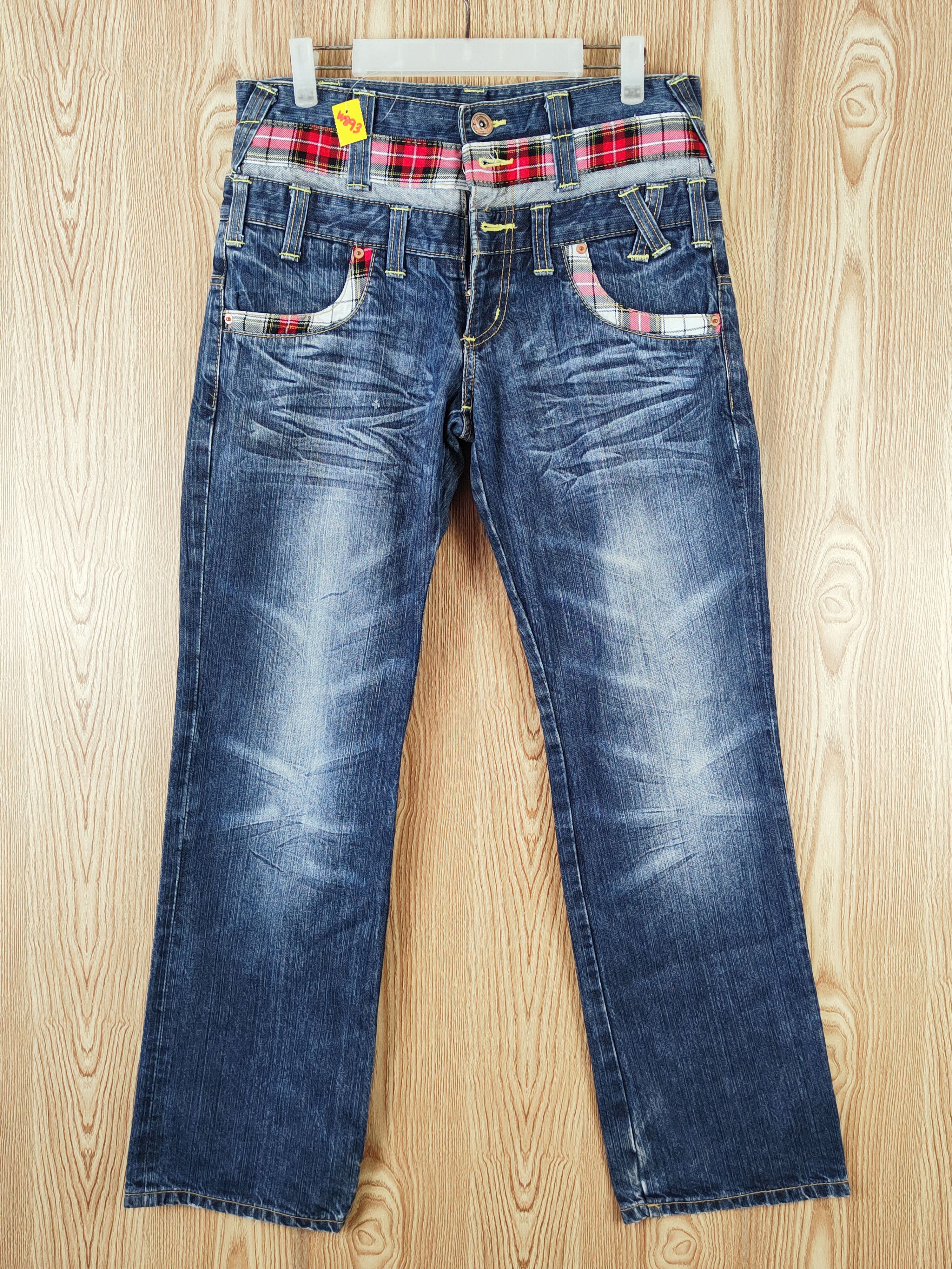 Japanese Brand Japan double waist checkered Distressed Ripped Jeans #W893 Size US 32 / EU 48 - 1 Thumbnail