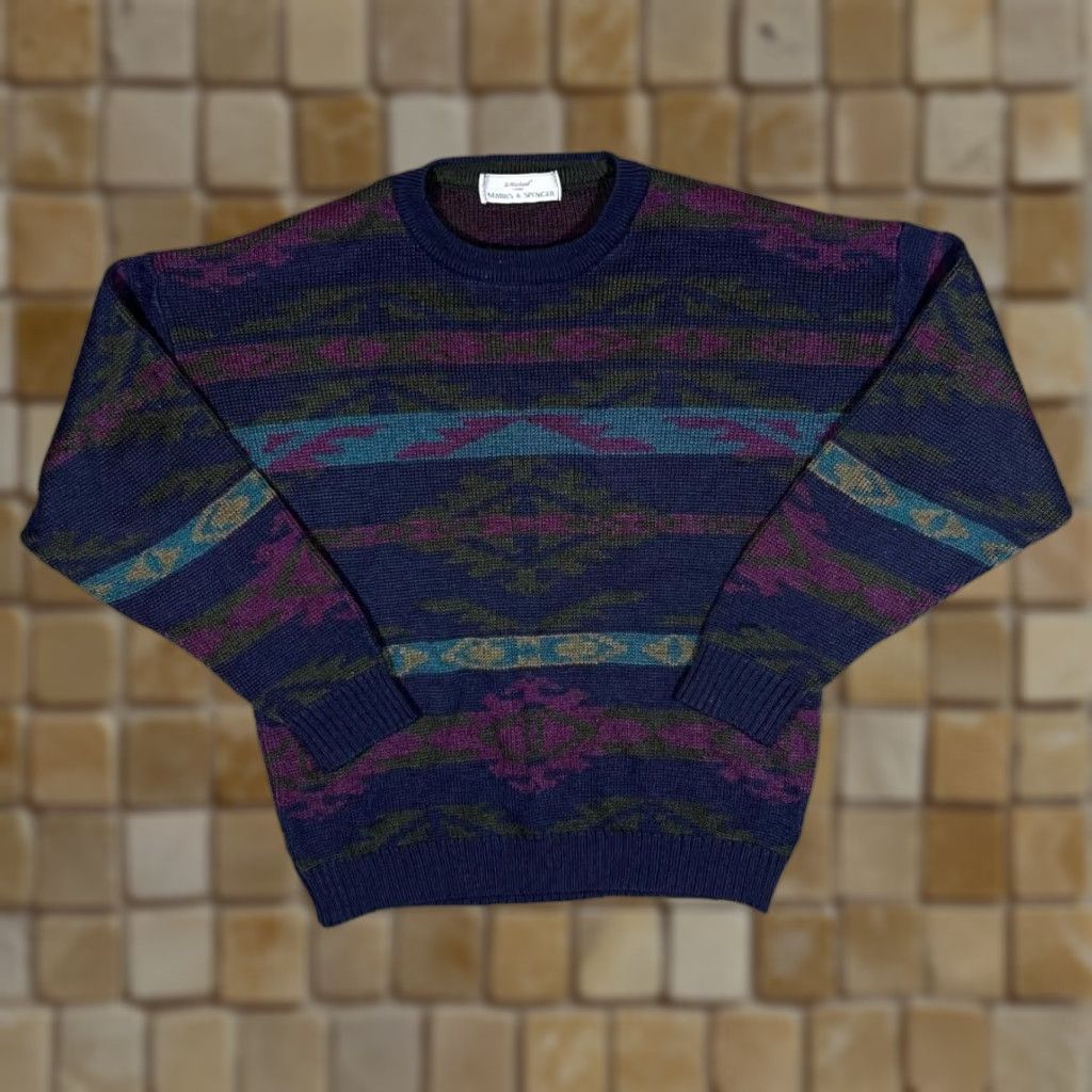 Vintage Vintage ST MICHAEL Marks & Spender Grandad Patterned Acrylic Knit Jumper Medium Navy Blue Size US M / EU 48-50 / 2 - 1 Thumbnail