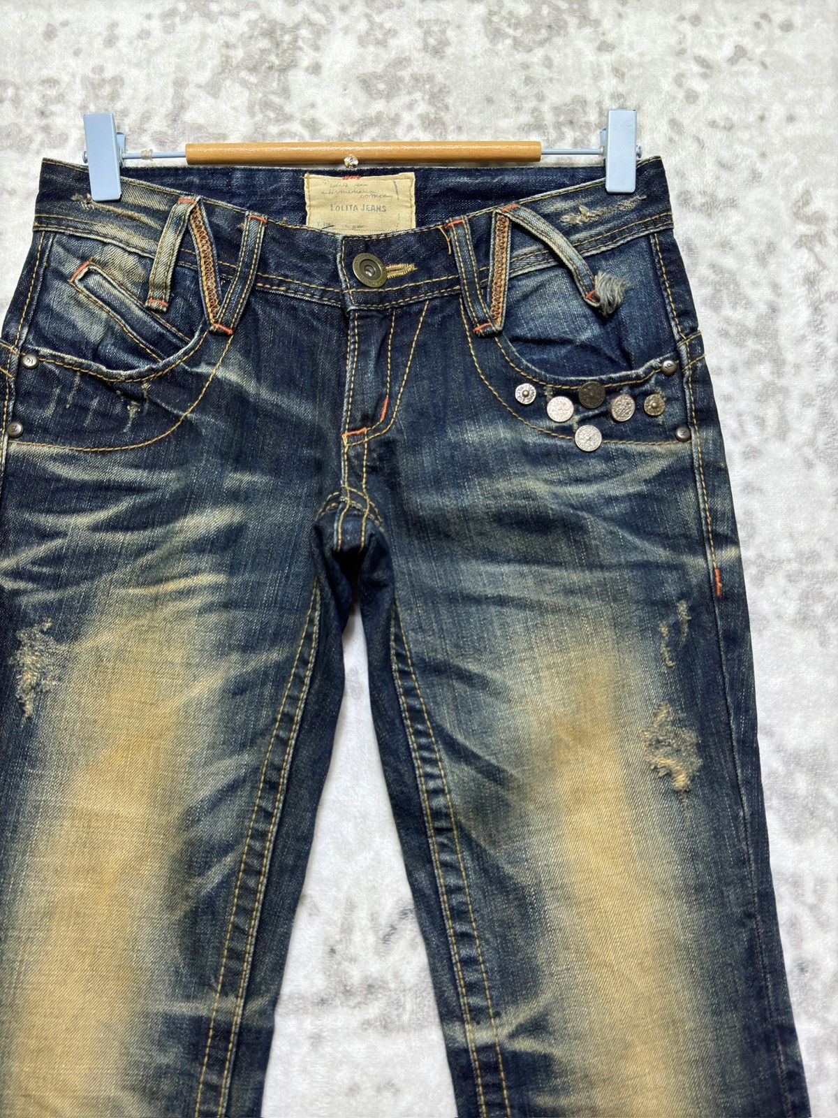 Japanese Brand Flared Lolita Jeans Muddy Wash Claw Mark Distressed Denim Size US 27 - 5 Thumbnail