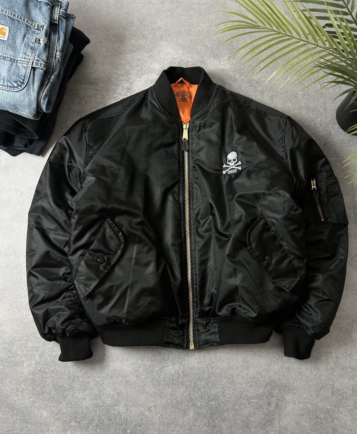 Vintage Toxic London Skull MA-1 bombers jacket mens nylons Size US XL / EU 56 / 4 - 1 Thumbnail