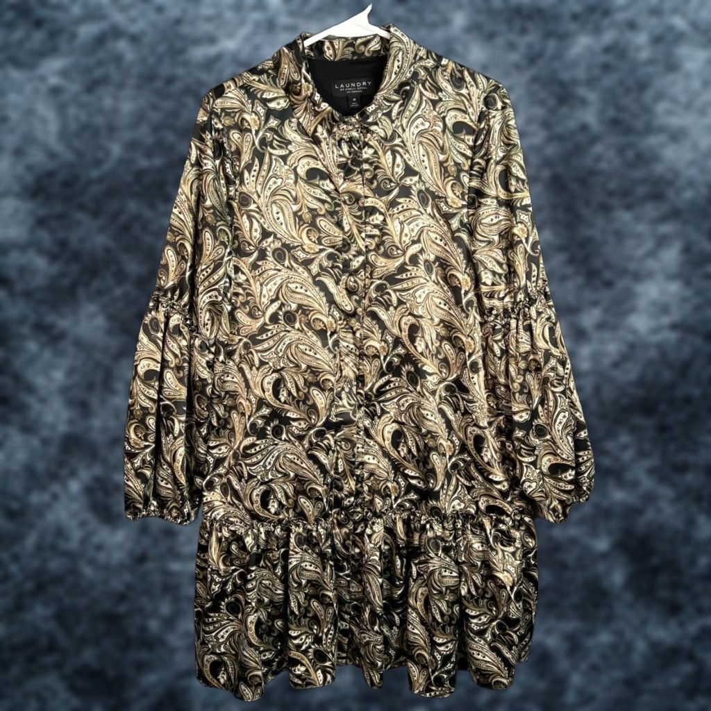 Laundry by Shelli Segal Laundry By Shelli Segal Black Gold Paisley Long Sleeve Drop Waist Mini Dress Sm Size L / US 10 / IT 46 - 1 Thumbnail