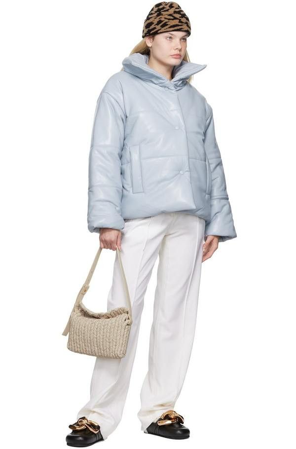 Nanushka Dusty Blue Vegan Leather Hooded Puffer Jacket Size L / US 10 / IT 46 - 3 Thumbnail