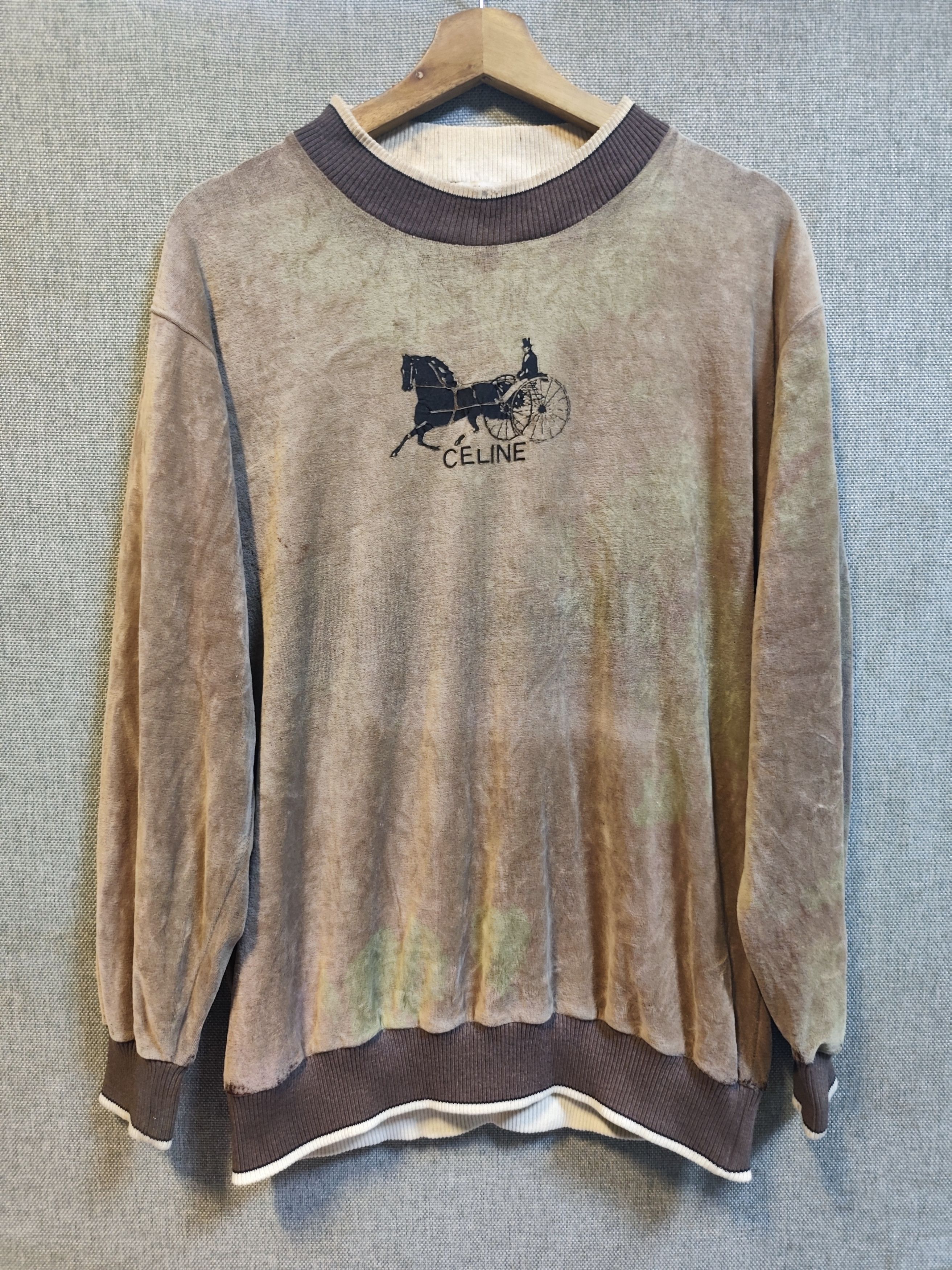 Celine Vintage 80s Celine Sulky Logo Velour Sweatshirt Distressed Size US M / EU 48-50 / 2 - 1 Thumbnail