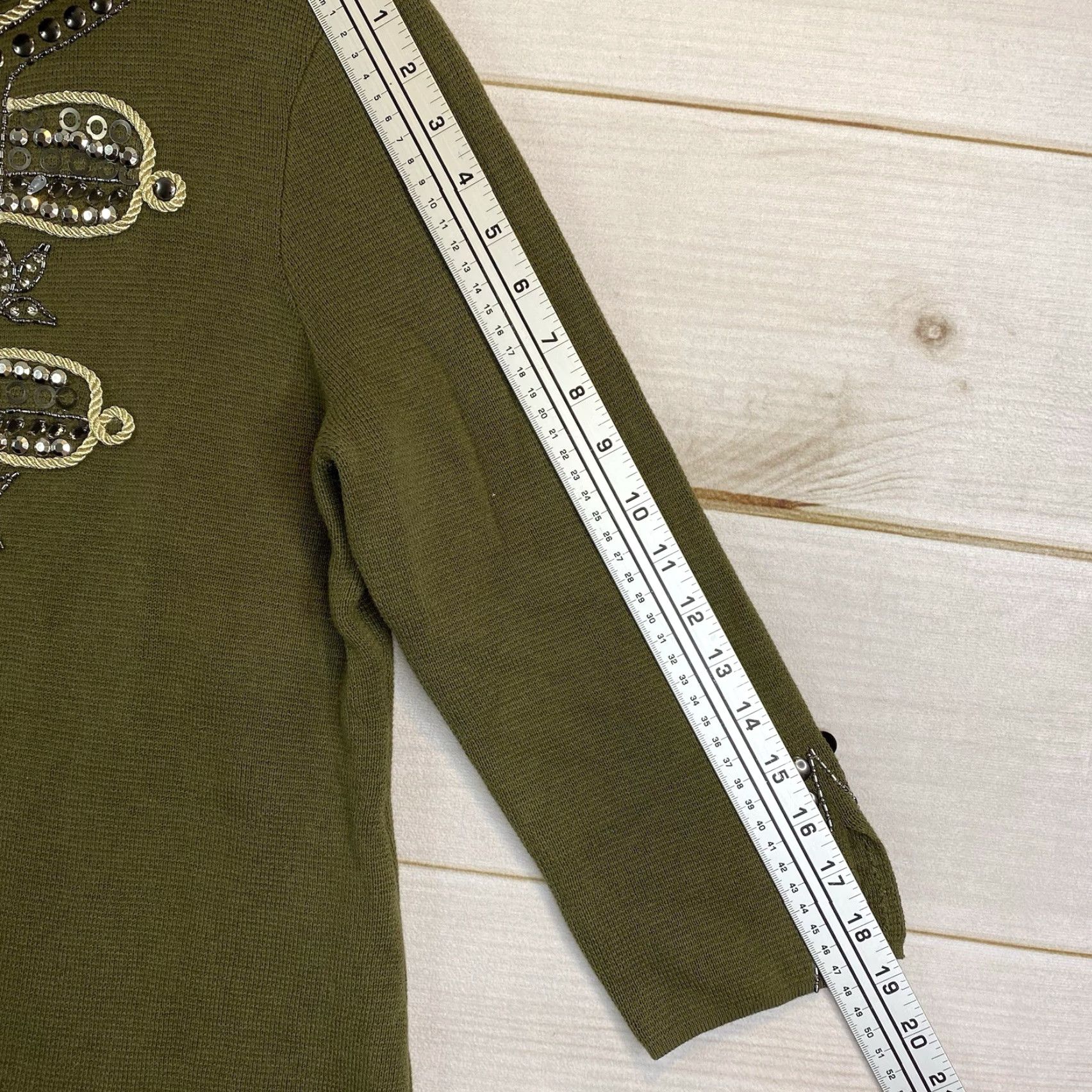 Vintage Chicos Cardigan Sweater 1 M 8/10 Olive Green Beaded Studded 3/4 Sleeve NWT Women's Knit 100% Cotton Button Up High Neck Modern Classic Size M / US 6-8 / IT 42-44 - 6 Thumbnail